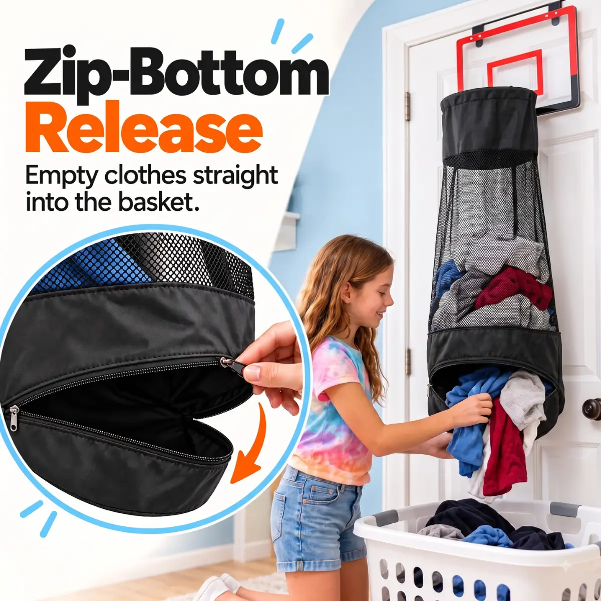Unzipping the bottom of the DoorDunk bag to empty laundry
