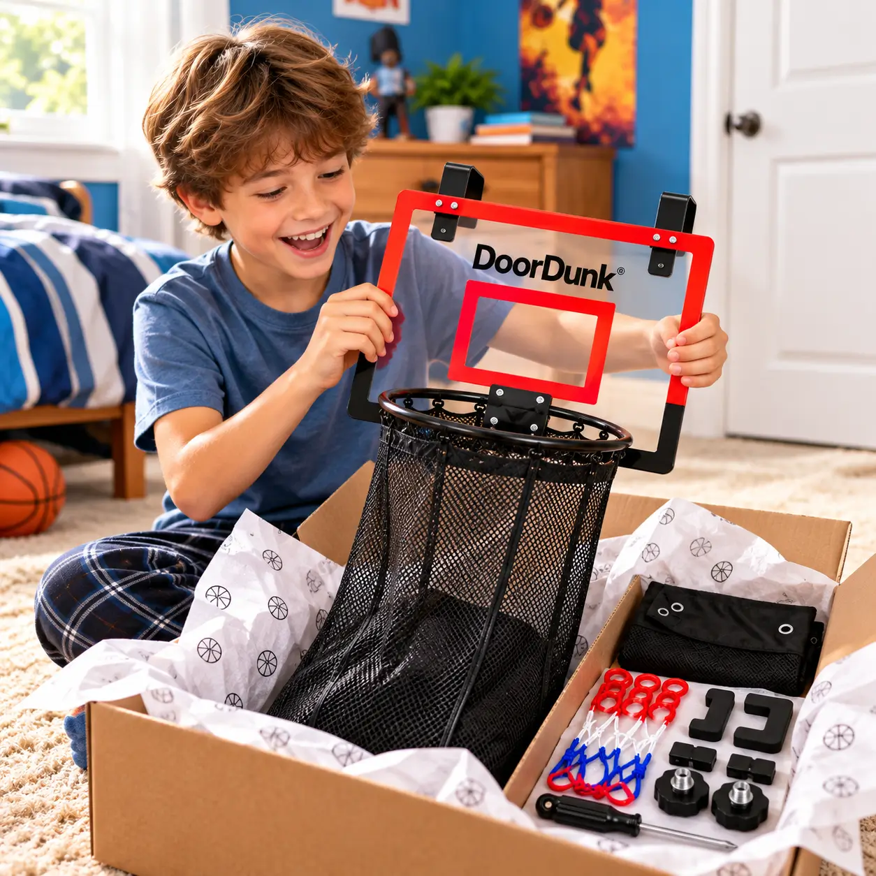 A child opening the DoorDunk gift box