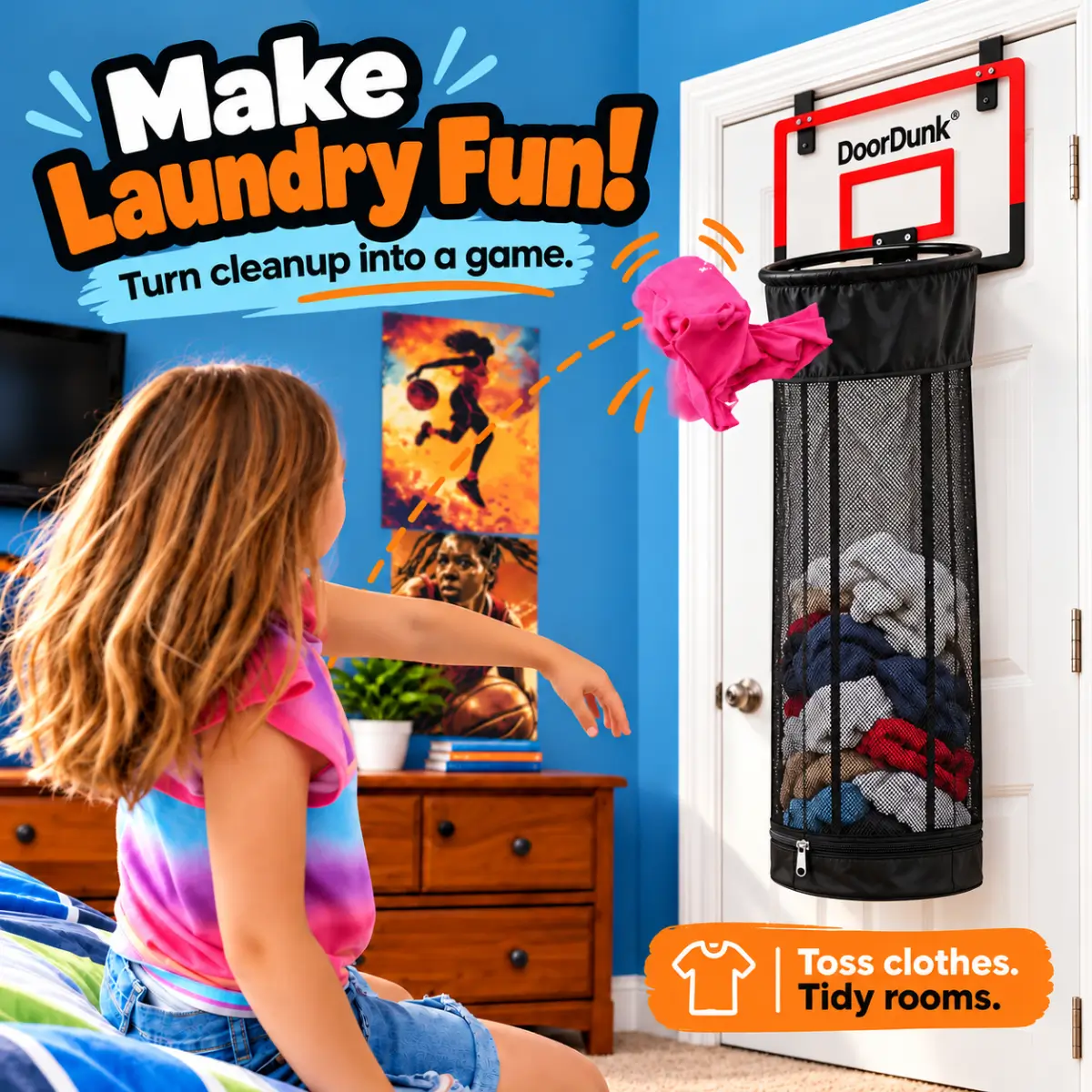 Child shooting a sock into DoorDunk on a bedroom door