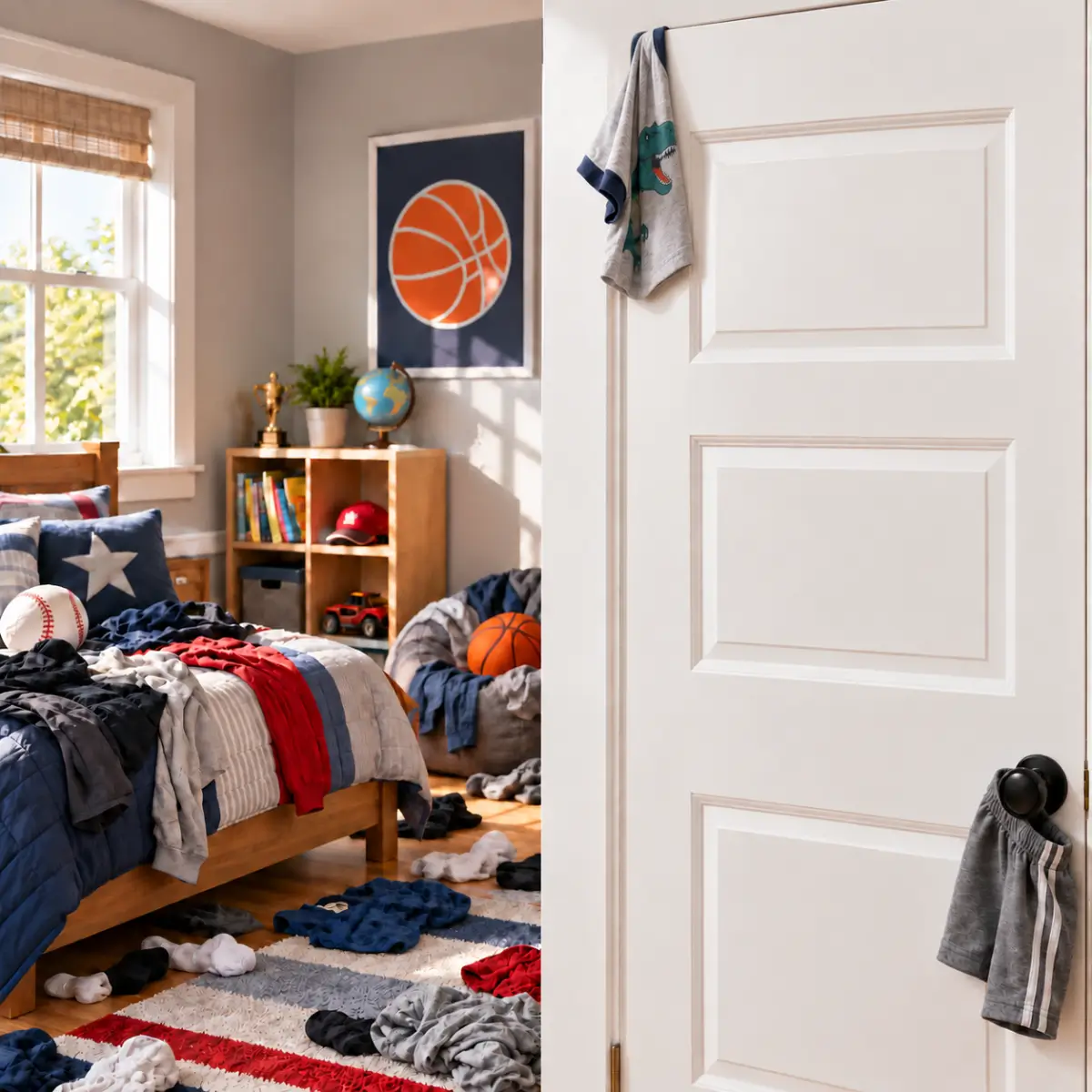 Clothes scattered across a child's bedroom floor