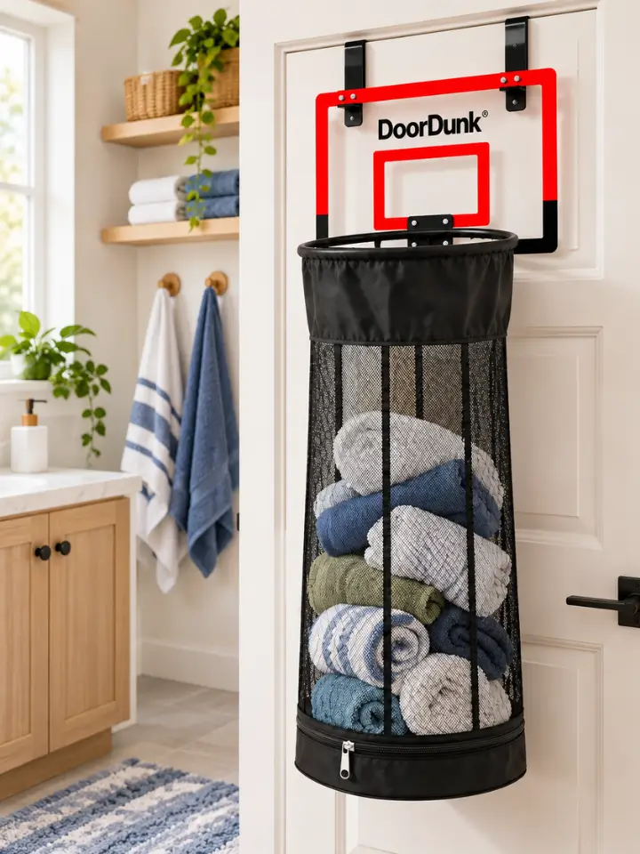 DoorDunk on a bathroom door collecting towels